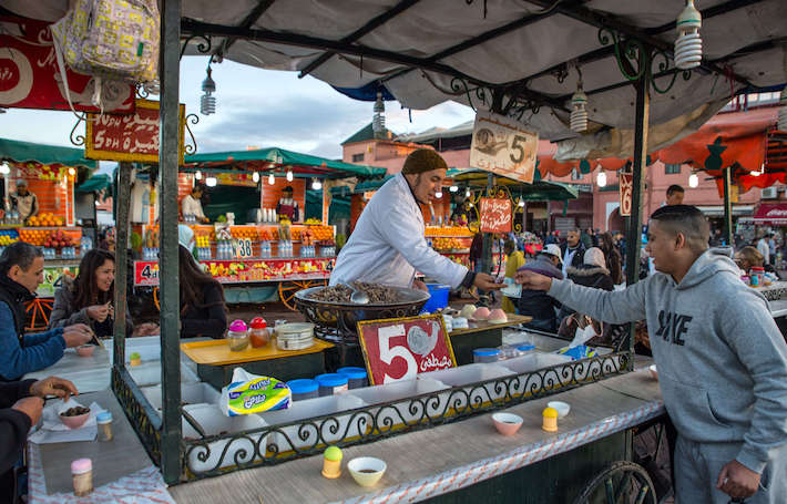 Boiled snails stand at the Jemaa el-Fnaa square in the medina quarter of Marrakesh