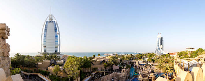Wild Wadi Water Park with Burj Al Arab and Jumeira Beach in the background