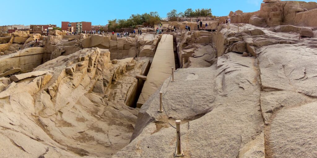 Panoramic view of the Unfinished Obelisk lying in an ancient granite quarry near Aswan