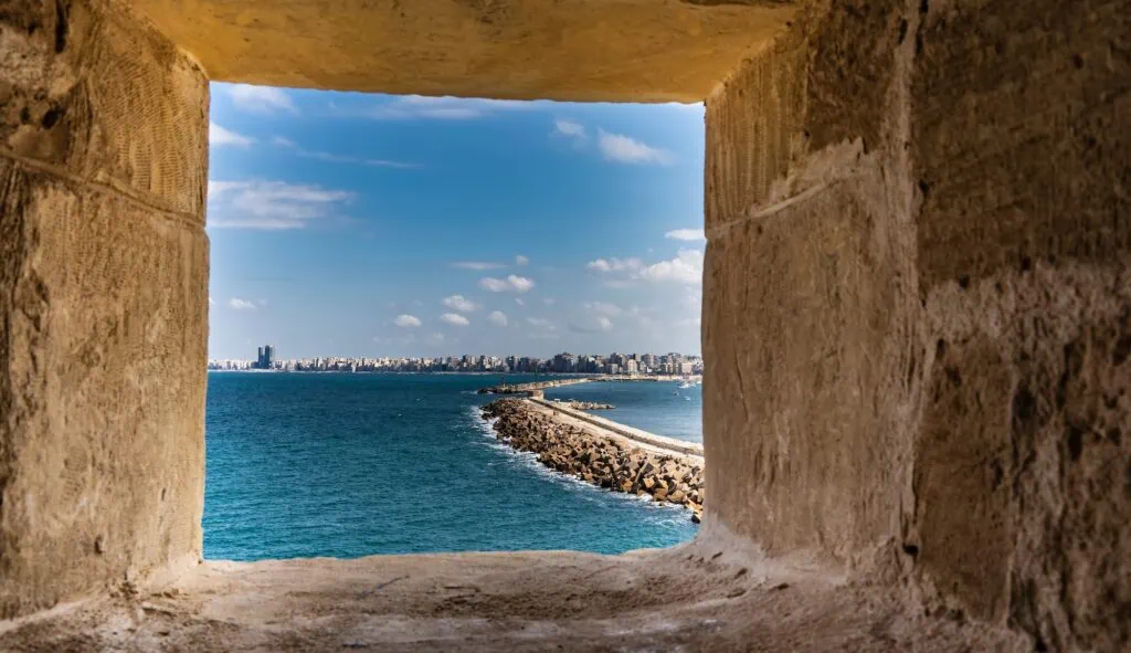 Window opening through thick stone walls overlooking the Mediterranean Sea, Citadel of Qaitbay, Alexandria