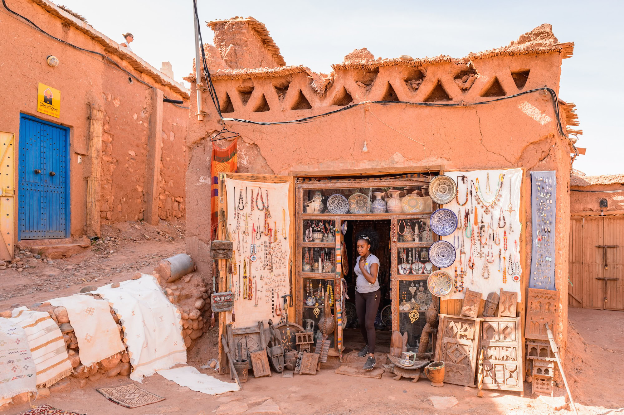 Traditional Moroccan marketplace with handicraft shops and local vendor