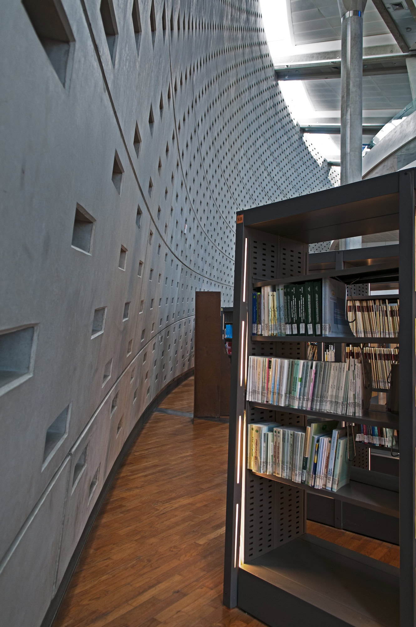 Modern library reading room with curved ceiling, perforated walls, and extensive bookshelves