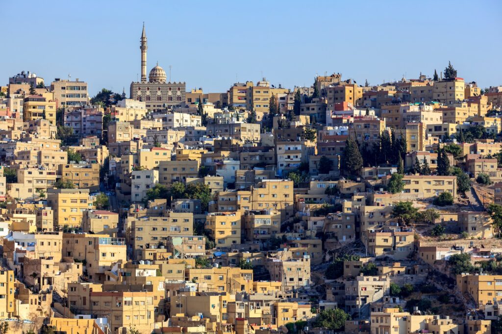 Abu Darwish Mosque and cityscape from Amman Citadel Amman Jordan