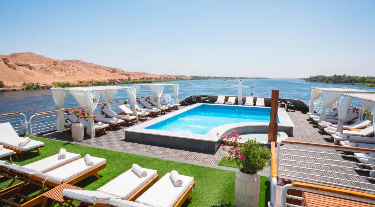 Outdoor pool on MS Amarco sun deck with loungers