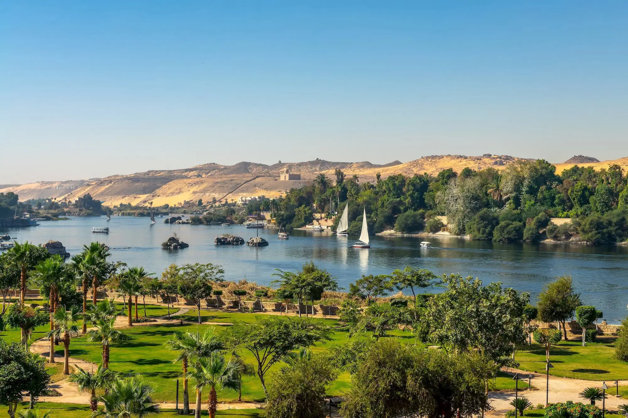 Aerial view of Nile River at Aswan with traditional felucca sailing boats and lush vegetation