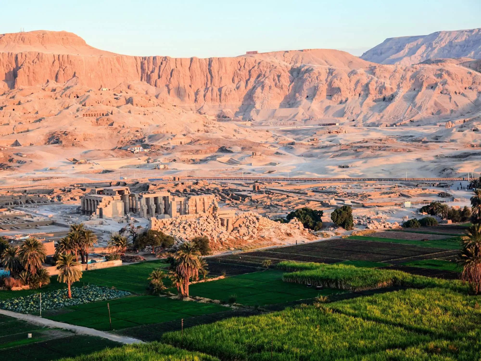 Aerial view of Valley of the Kings with Nile River valley and green fields