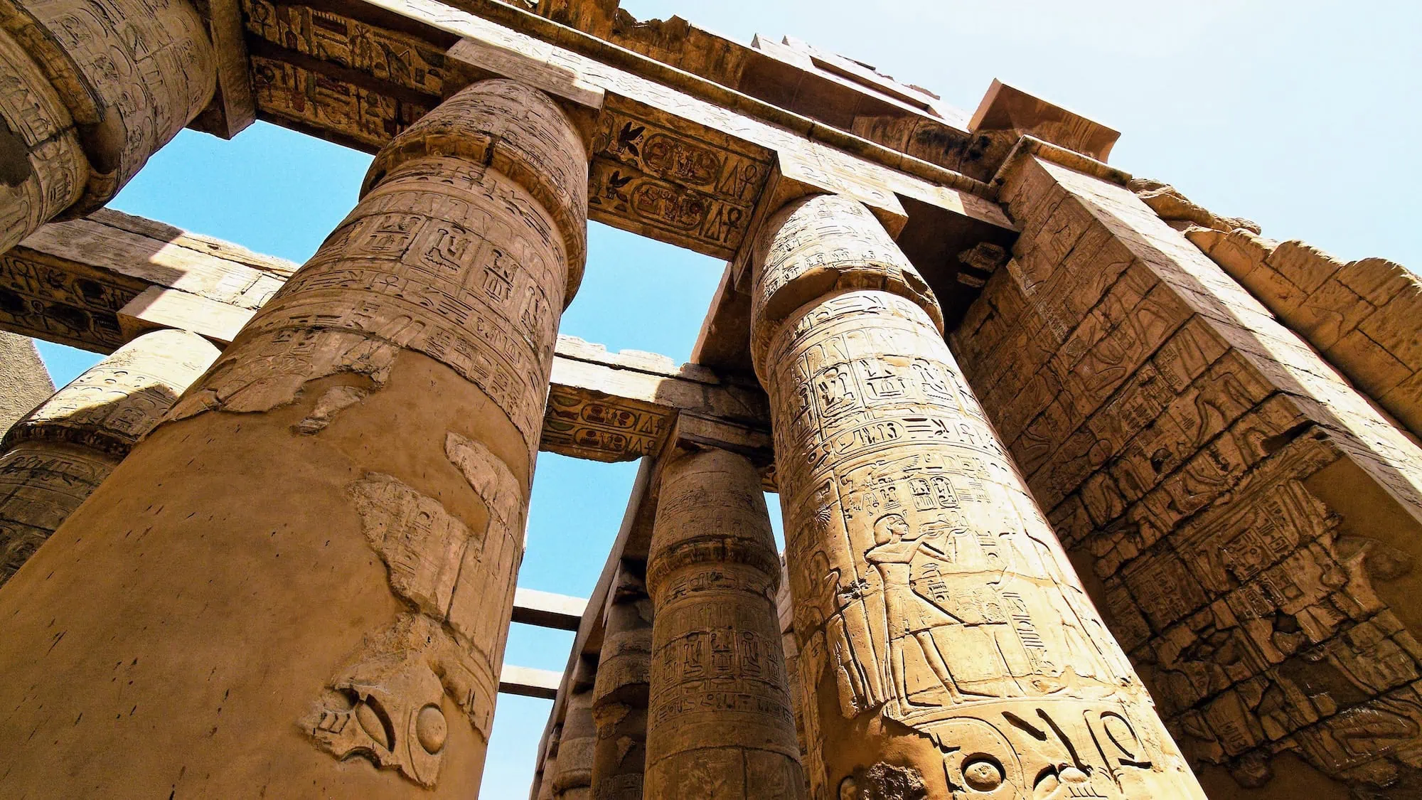 Majestic columns with hieroglyphics at Karnak Temple Complex in Egypt