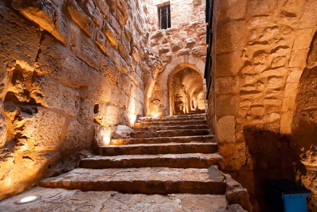 Interior stone corridors and vaulted halls of Ajloun Castle, Ajloun