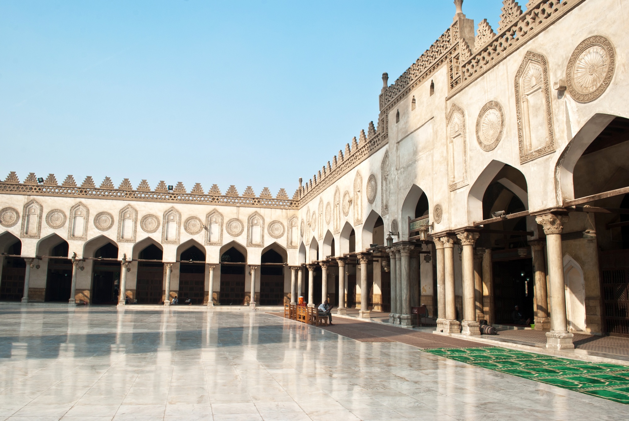 Interior of Al-Azhar Mosque in Cairo showing courtyard with arches and columns