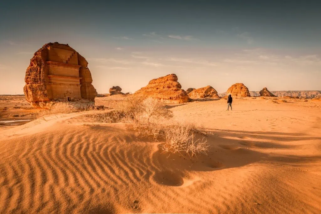 Al-Farid Palace carved into a standalone sandstone rock formation in Madain Saleh, Al-Ula