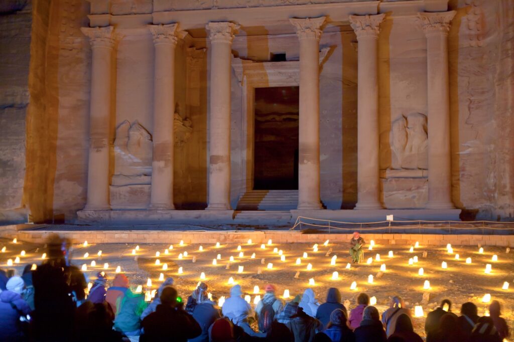 Al Khazneh or The Treasury building at Petra at night, Jordan