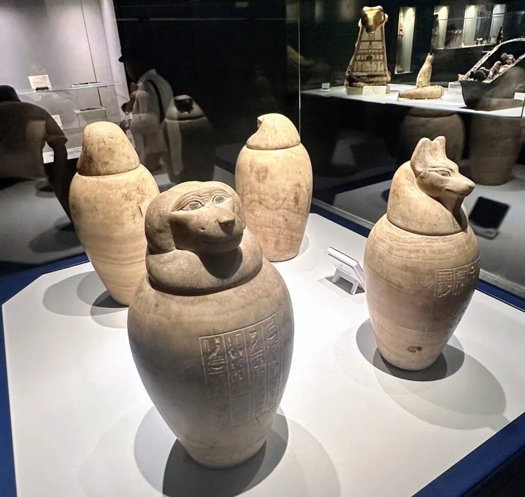 Alabaster canopic jars belonging to Wahibre Men-Neferu, son of Psammetichus, displayed at the Mummification Museum