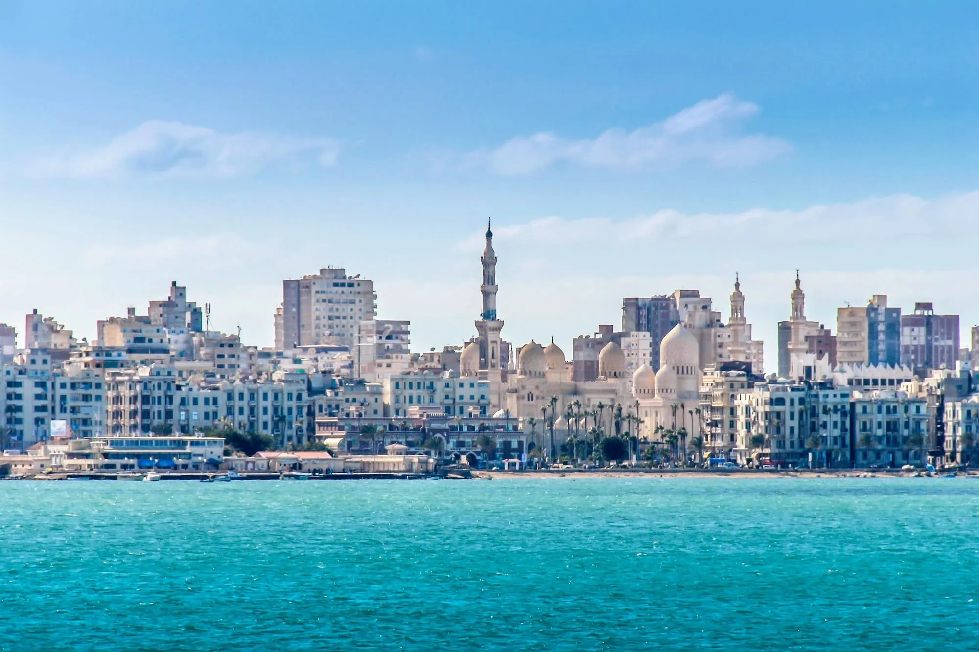 Abu al-Abbas al-Mursi Mosque with minarets and domes overlooking Alexandria's Mediterranean coastline
