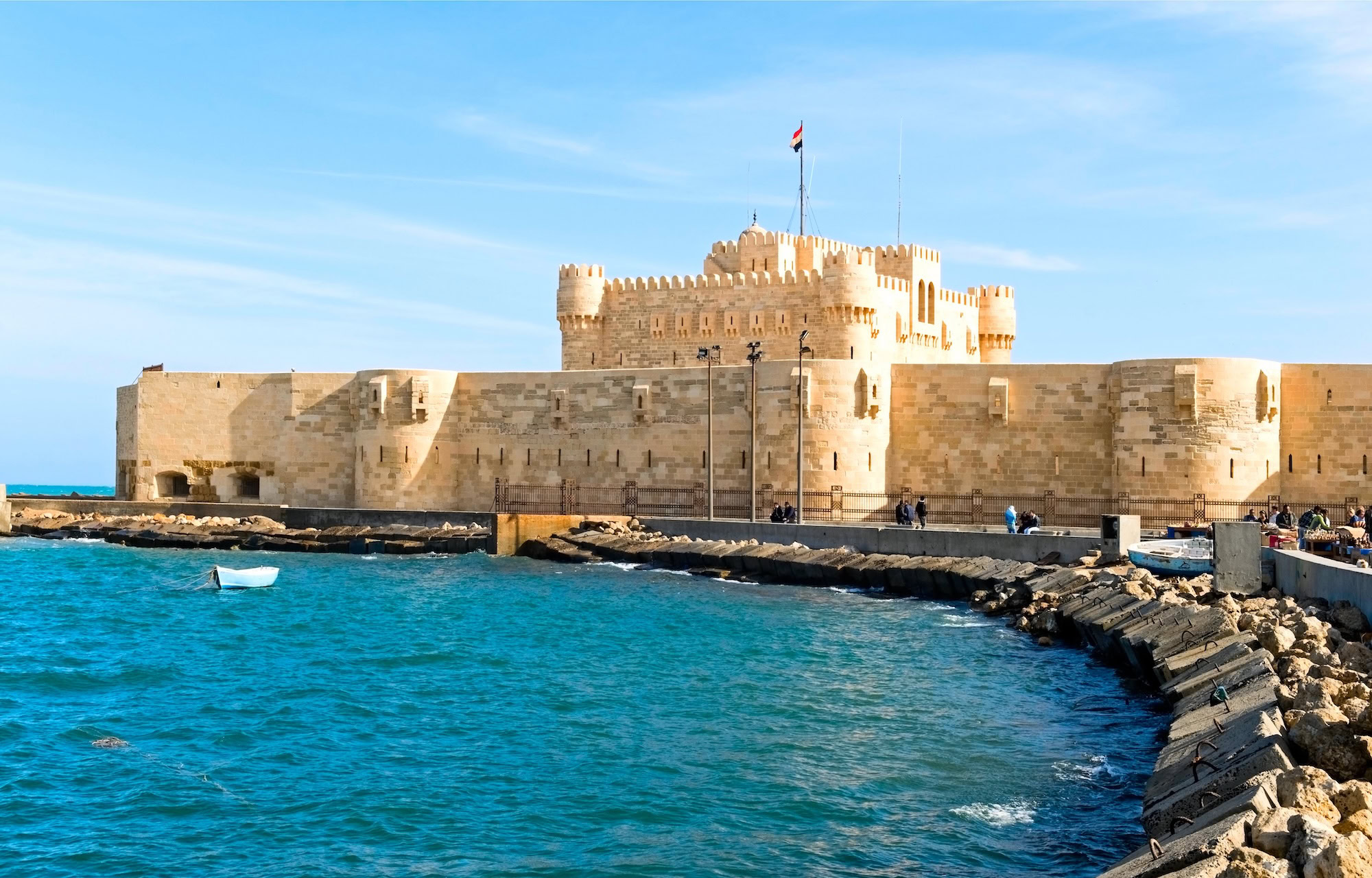 Qaitbay Citadel fortress on Mediterranean coast with stone walls and breakwater