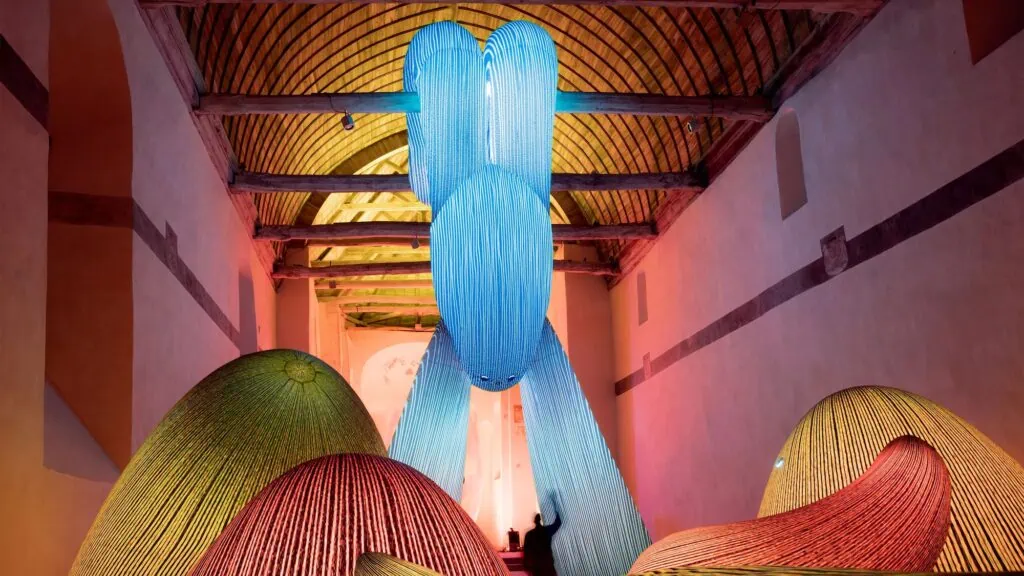 Colorful suspended light installations inside Alserkal Art District Dubai