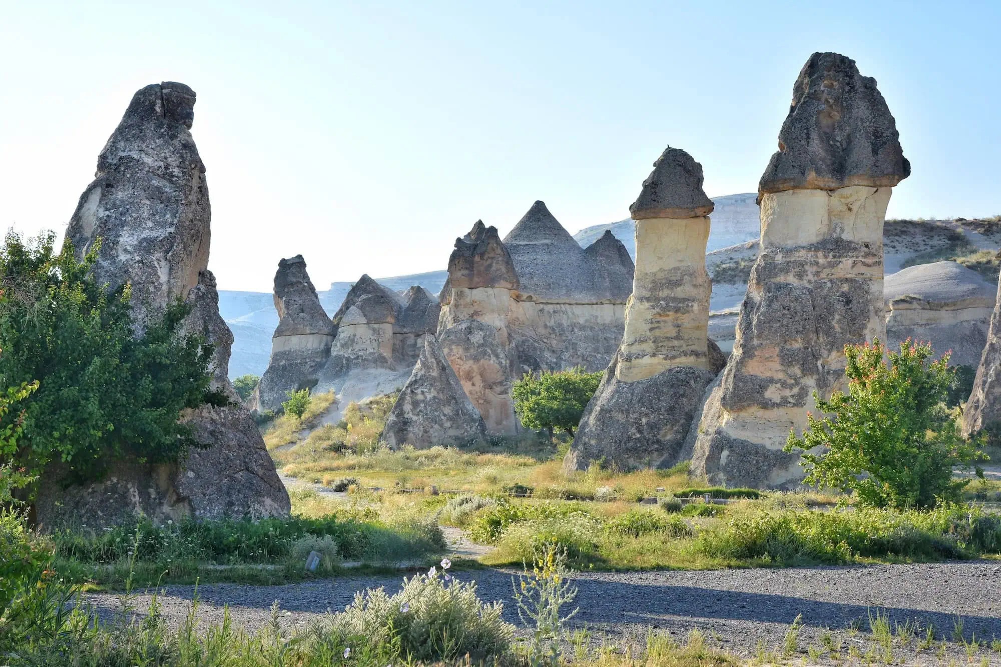 Fairy Chimney rock formations with hiking trail in Cappadocia, Turkey