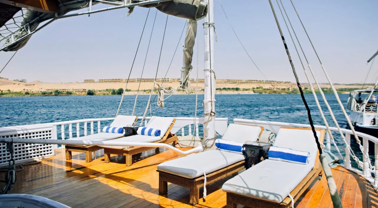 Sun deck on MS Amoura Dahabiya with loungers