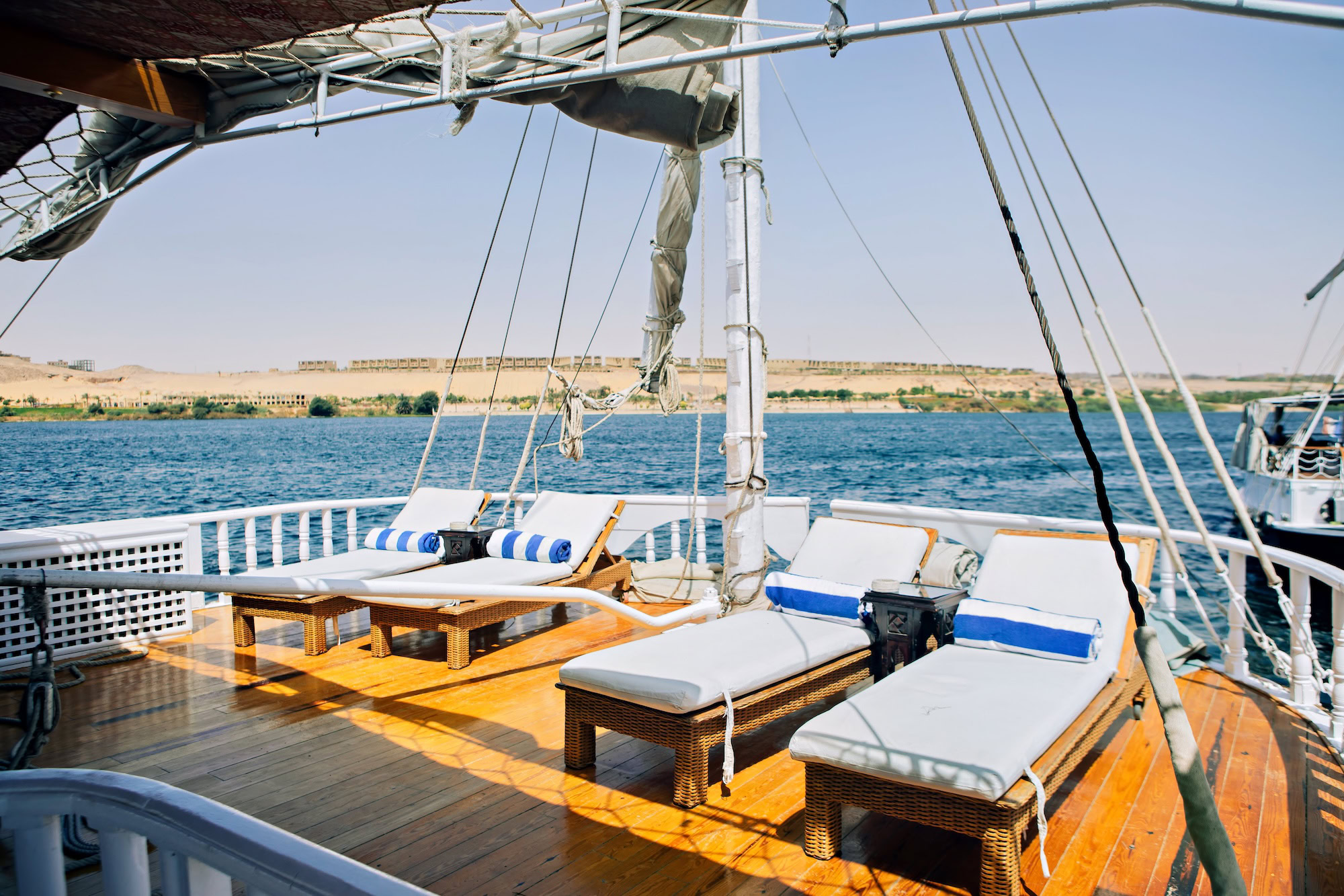 Sun deck on MS Amoura Dahabiya with loungers