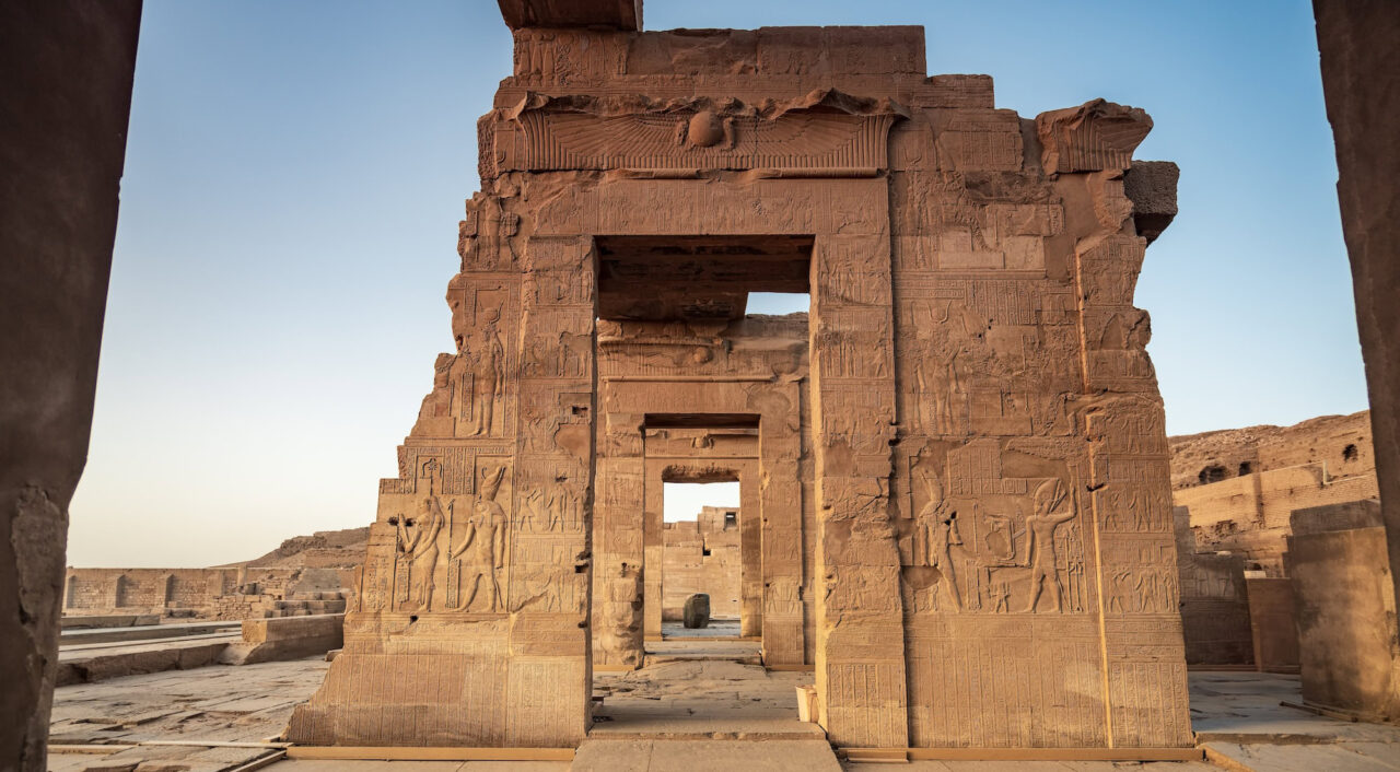 An ancient hallway. of hieroglyphics at the temple of Kom Ombo