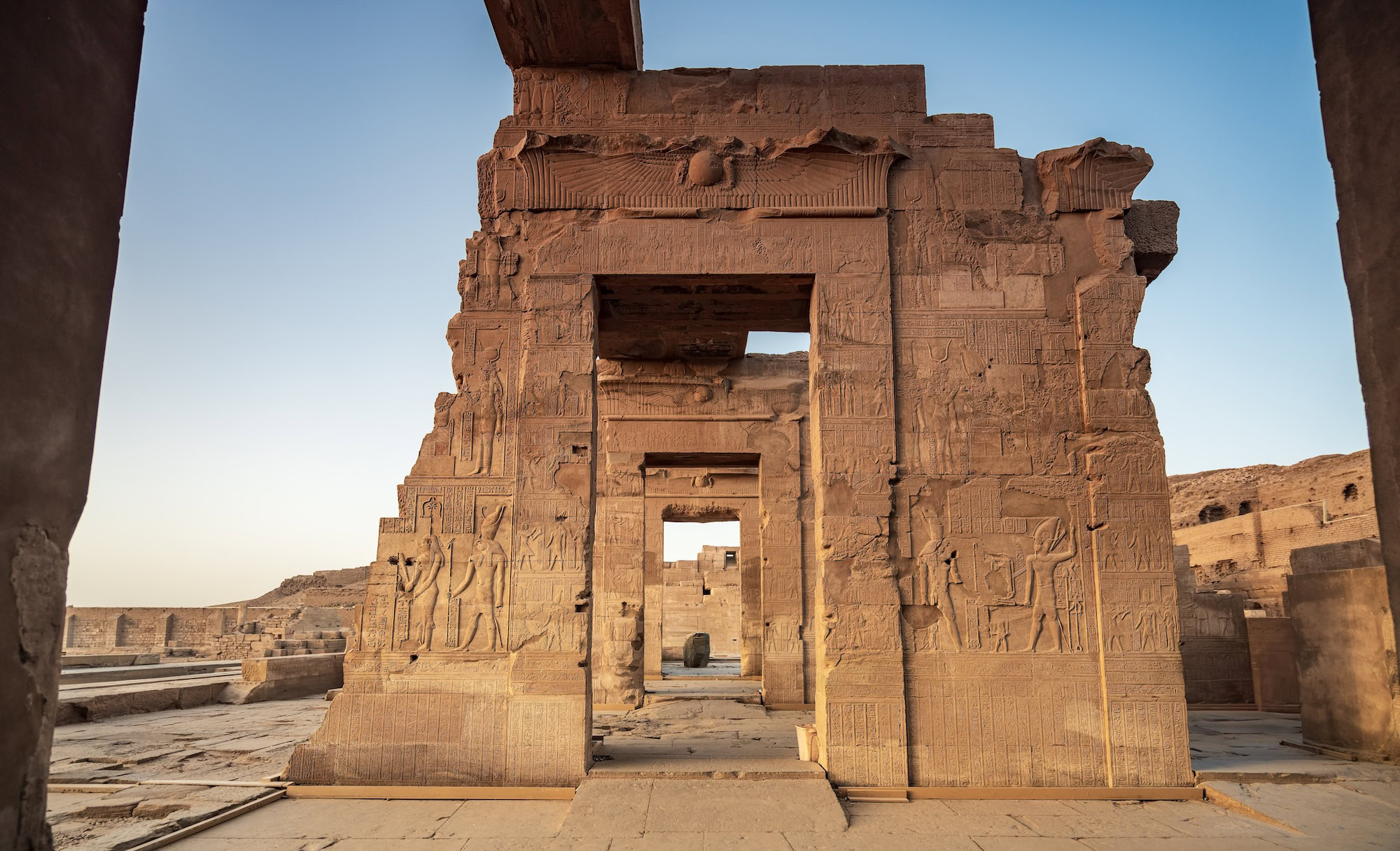 An ancient hallway. of hieroglyphics at the temple of Kom Ombo