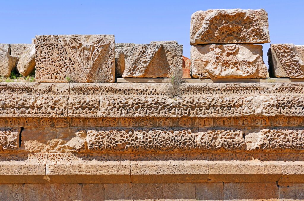 Ancient Umayyad Fragment Carved Limestone Wall Ruins of Qasr Al Mshatta in Amman Jordan