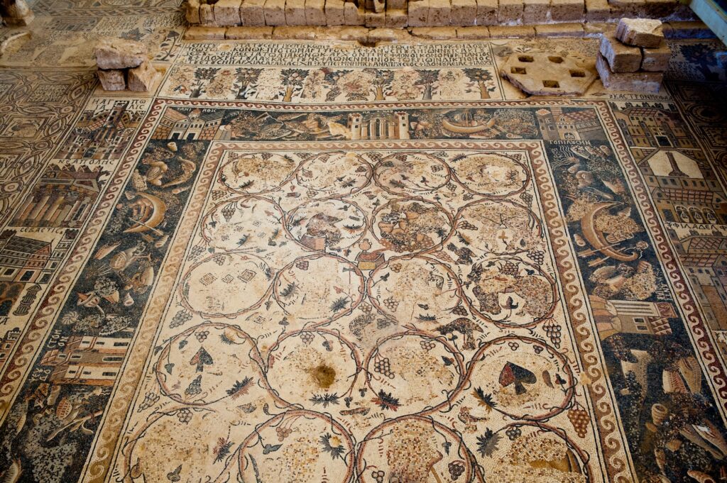 Ancient mosaic floor in the Saint Stevens Church in Umm ar Rasasan archeological site in Jordan