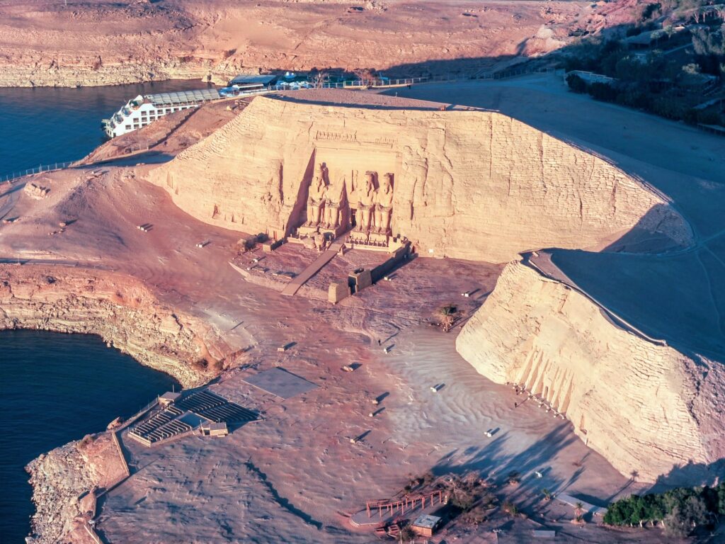 Aerial view of the temples and Lake Nasser at Abu Simbel, Abu Simbel