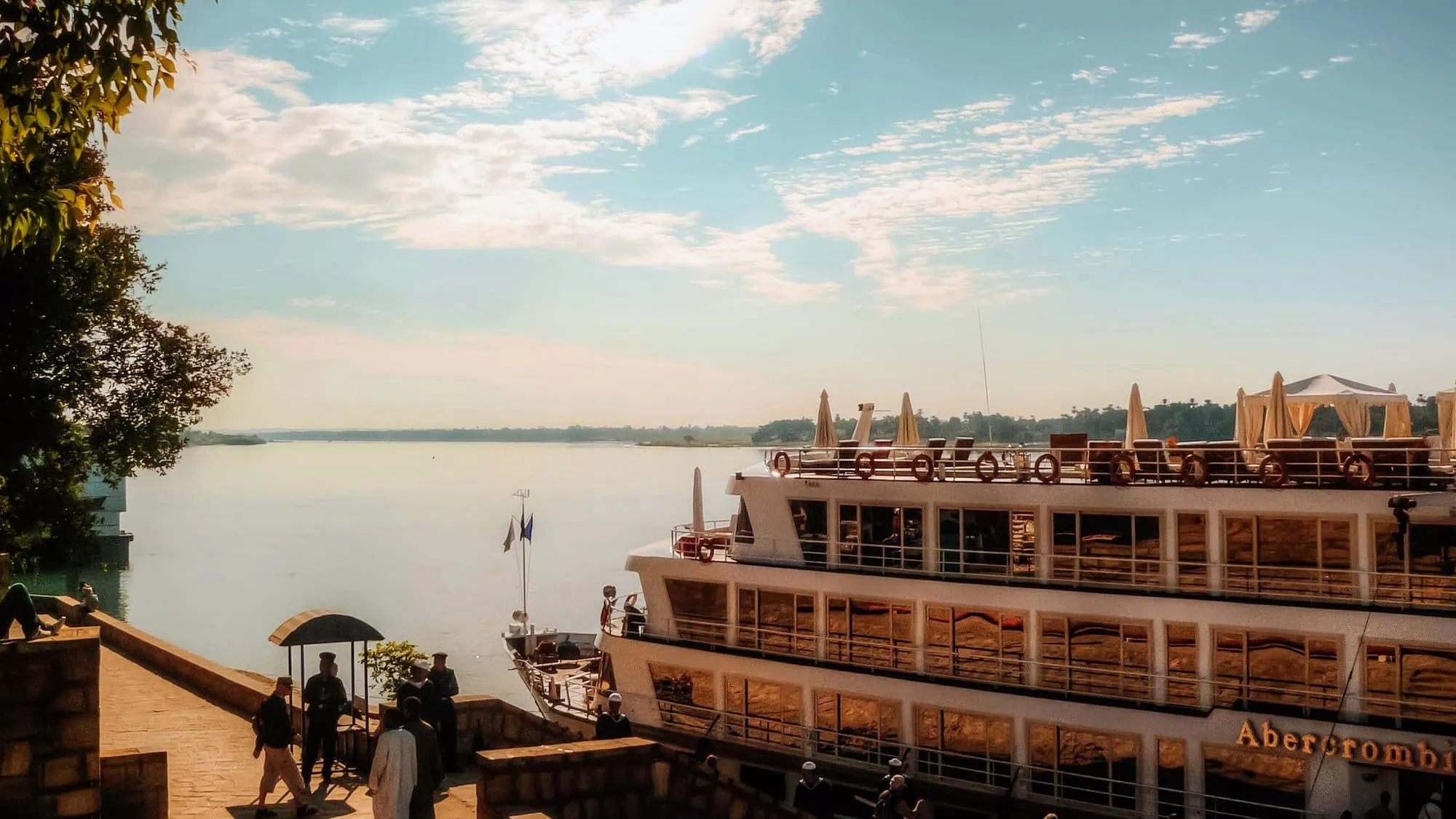 Nile cruise ship docked along the River Nile near Kom Ombo temple in Egypt