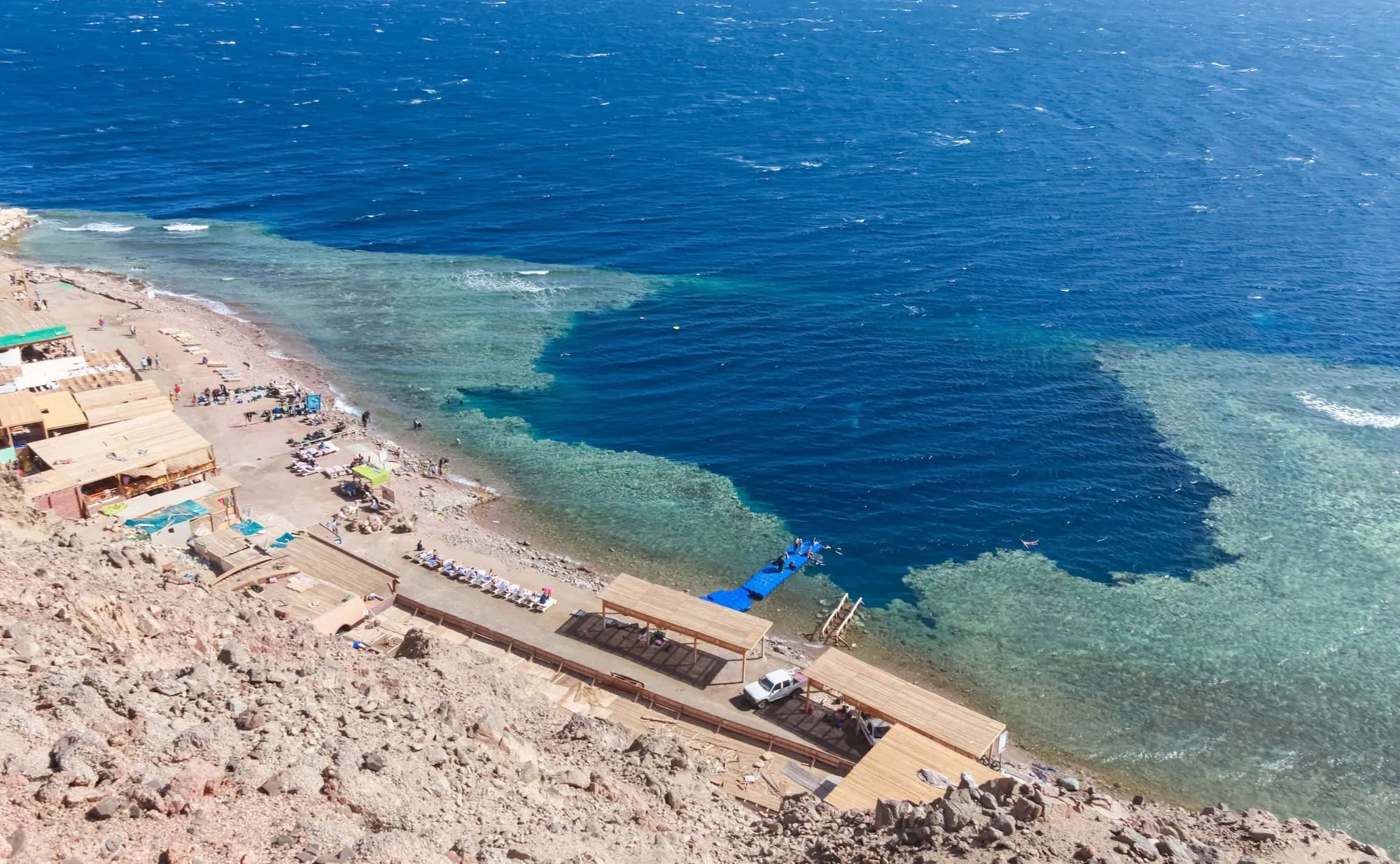 Aerial view of Blue Hole diving site in Dahab showing circular deep blue formation
