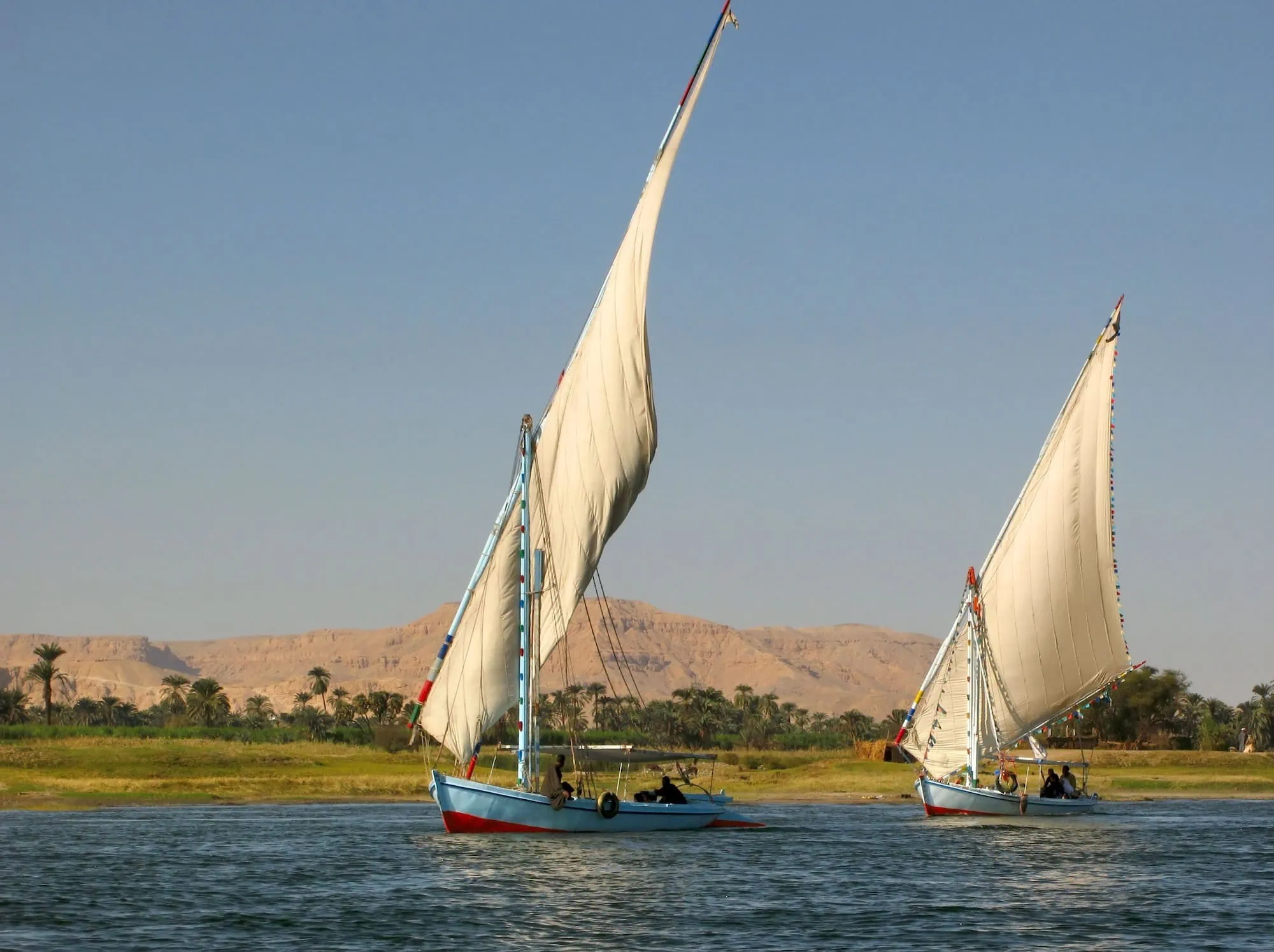 Traditional felucca sailboats on the Nile River with desert hills and palm trees