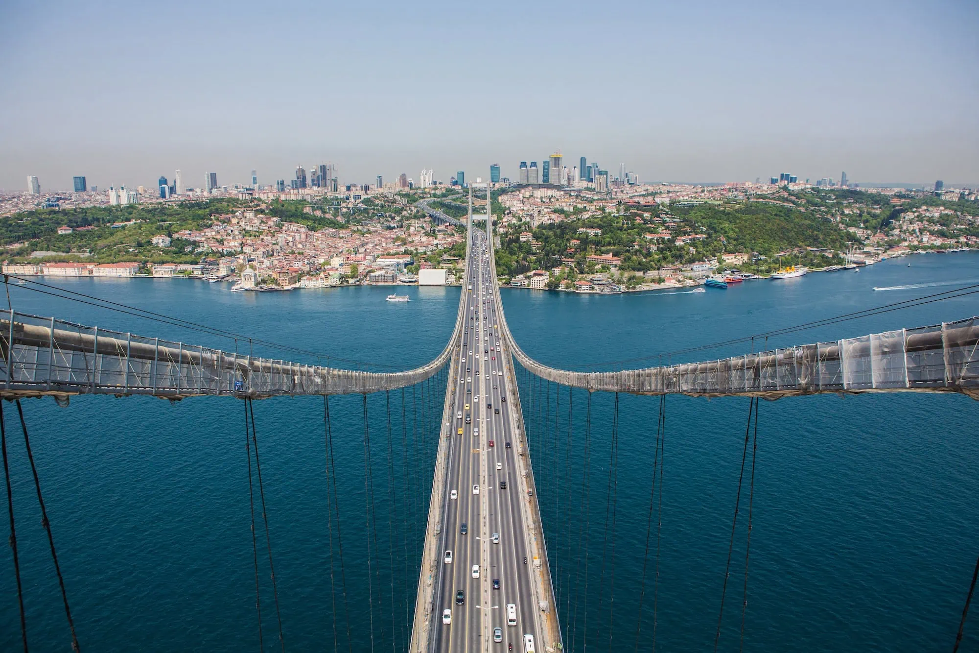 Aerial photograph of the Bosphorus Bridge spanning the strait in Istanbul