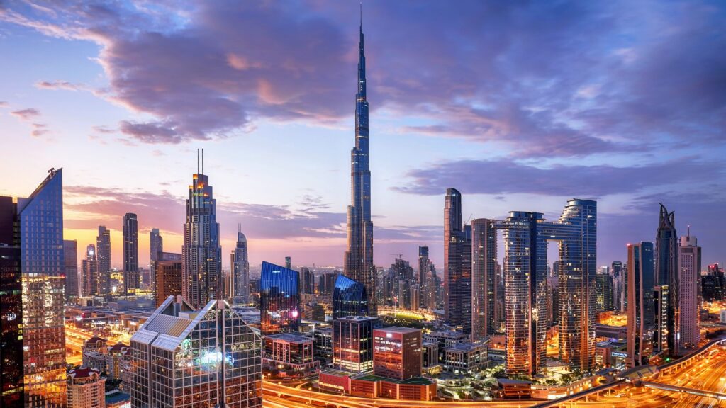 Burj Khalifa skyline in Dubai at dramatic sunset aerial view United Arab Emirates