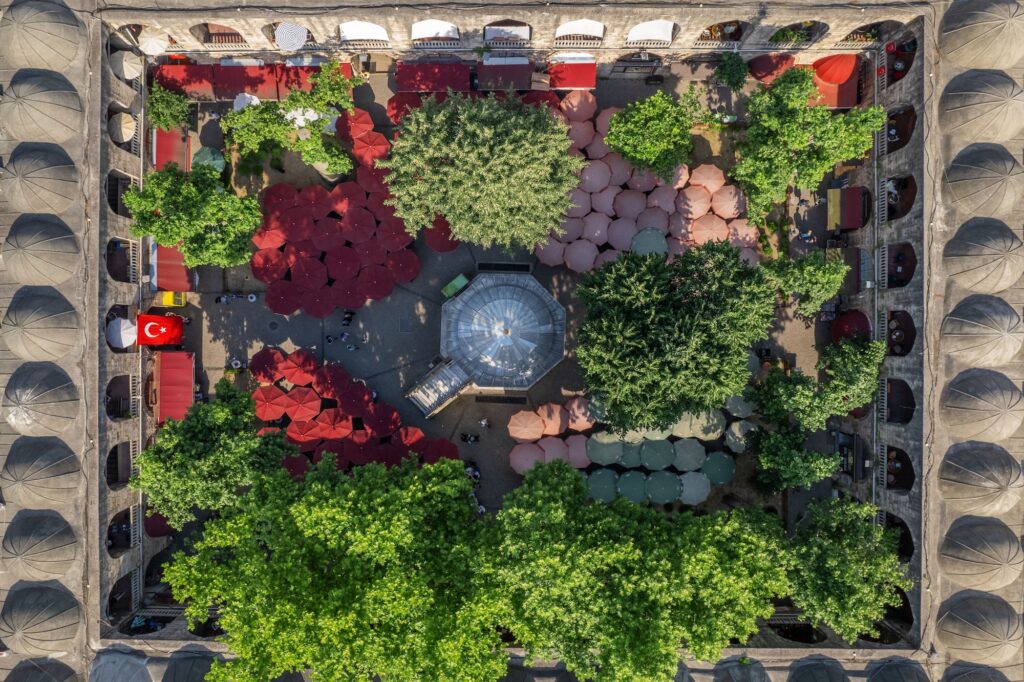 Bursa Koza Han was built in 1491 by Bayezid II to provide income for his mosque and madrasah in Istanbul.