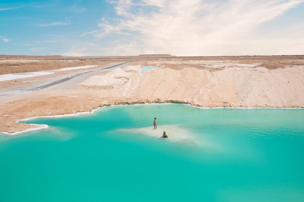 Salt plains and shallow lakes across the desert landscape, Siwa Oasis