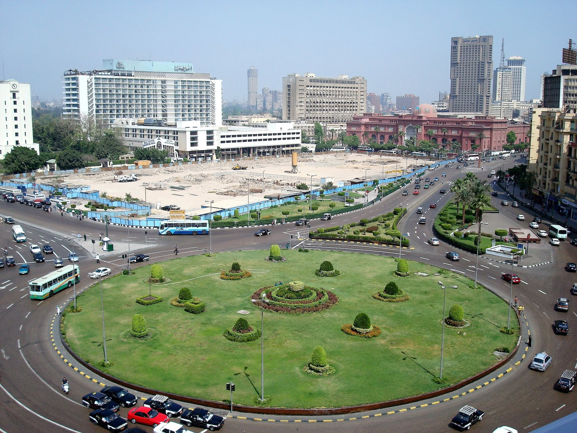 Aerial view of Tahrir Square in Cairo showing the central roundabout and surrounding buildings