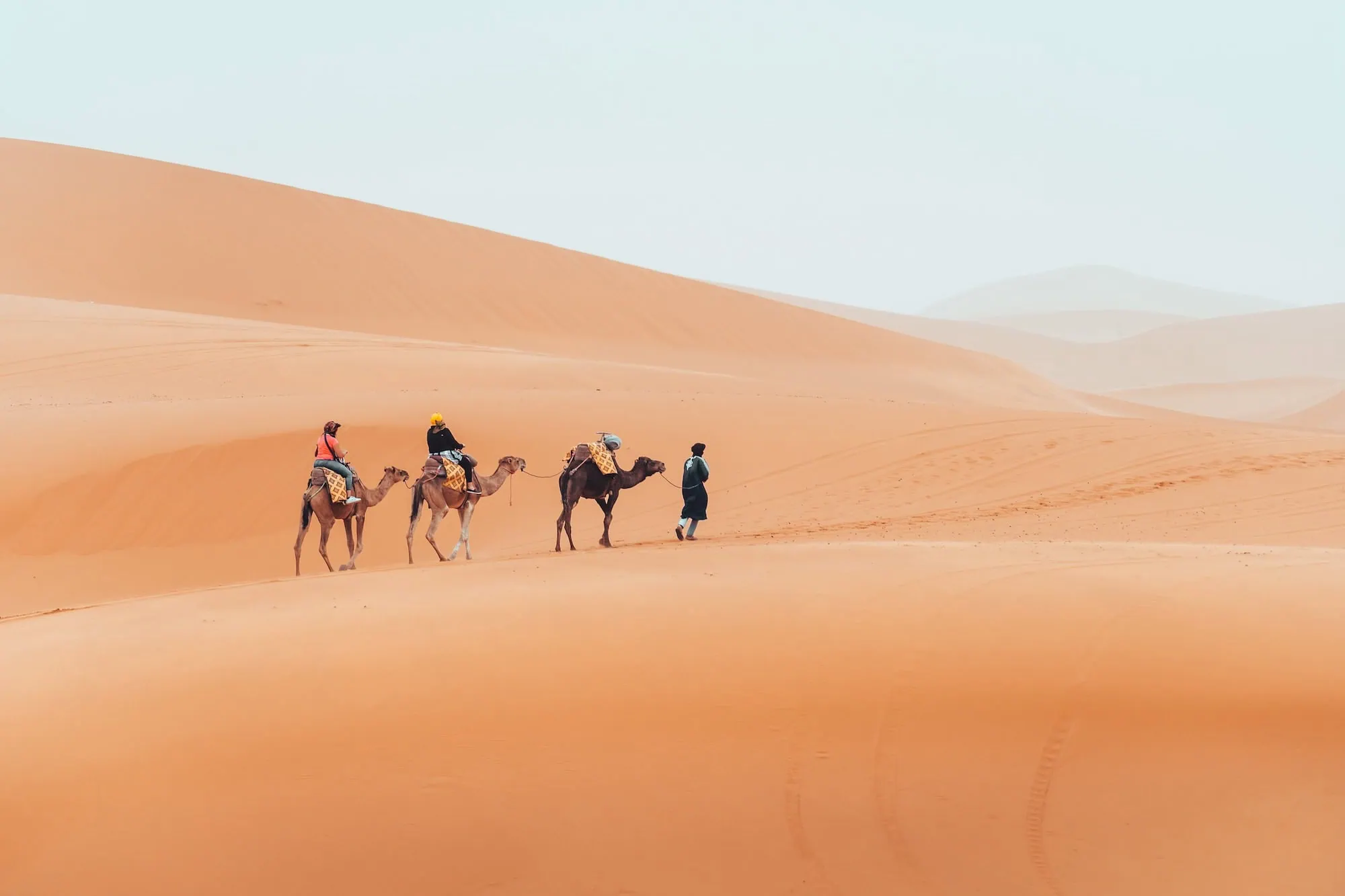 Tourists on camel trek through orange sand dunes in Sahara Desert near Merzouga, Morocco