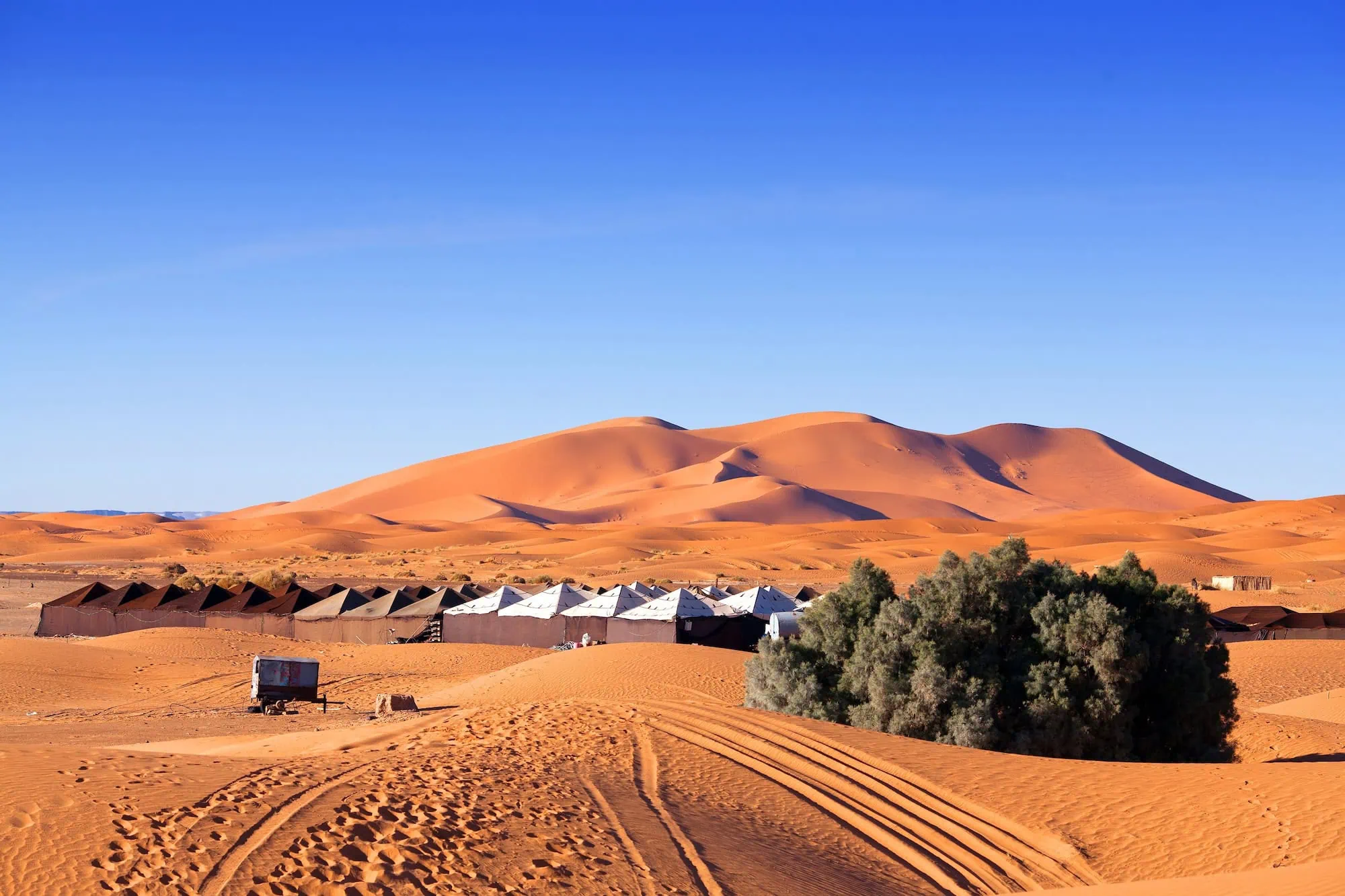 Traditional Berber desert camp with tents in the Sahara desert surrounded by orange sand dunes