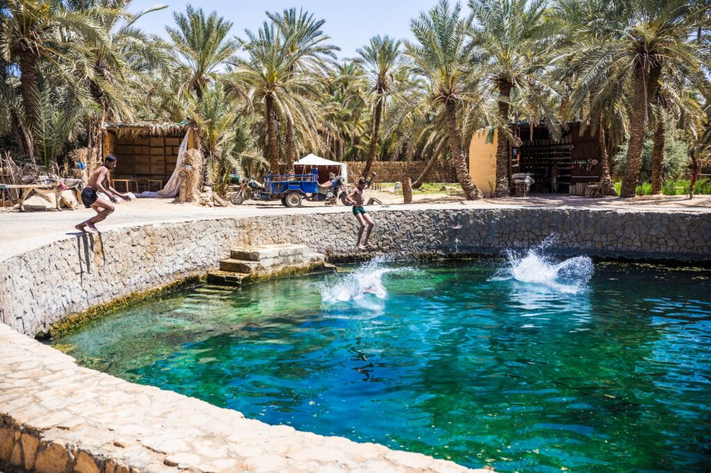Cleopatra’s Bath natural pool surrounded by palms in Siwa Oasis