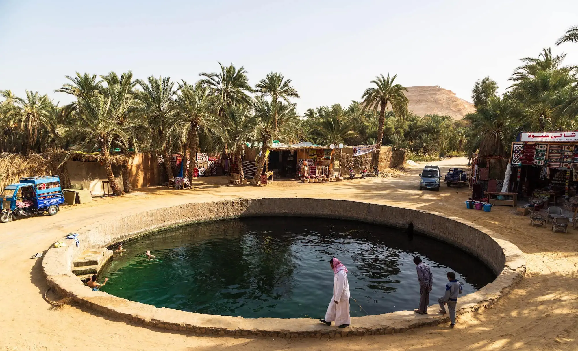 Piscina natural de manantiales en el Oasis de Siwa con palmeras y paisaje desértico tranquilo