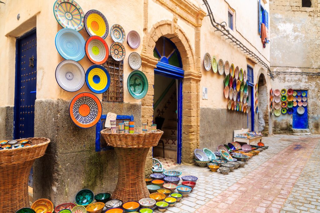 Colorful ceramic souvenirs for sale on the street in a shop in Morocco