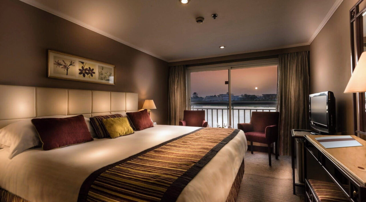 Cabina doppia della Crown Jewel con letto matrimoniale e finestra panoramica sul Nilo