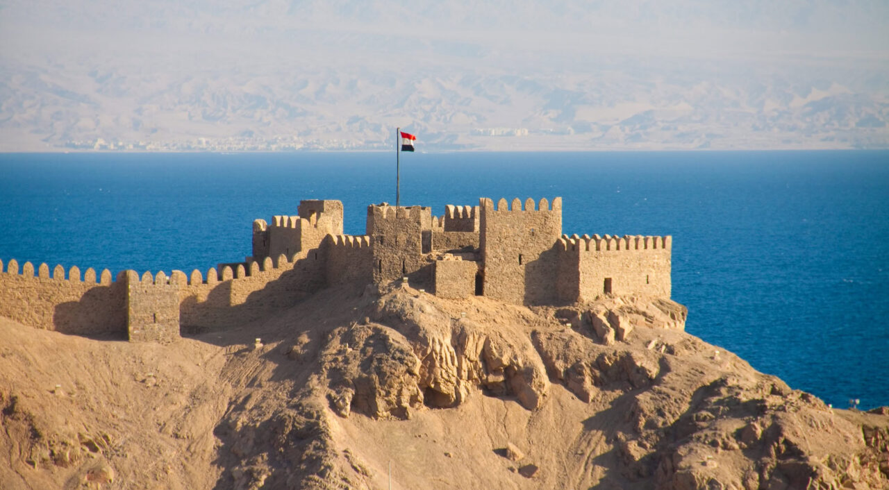 Crusader Fortress In Taba Egypt. Jordan Is Visible On The