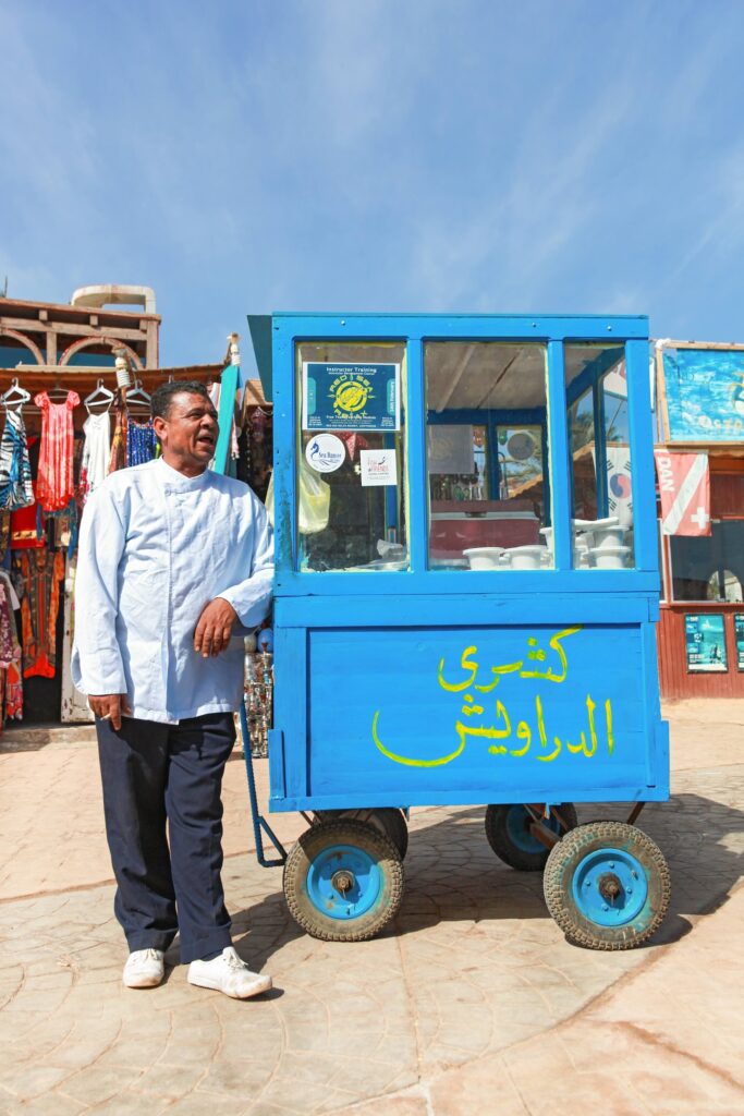 Local street food stand with a vendor