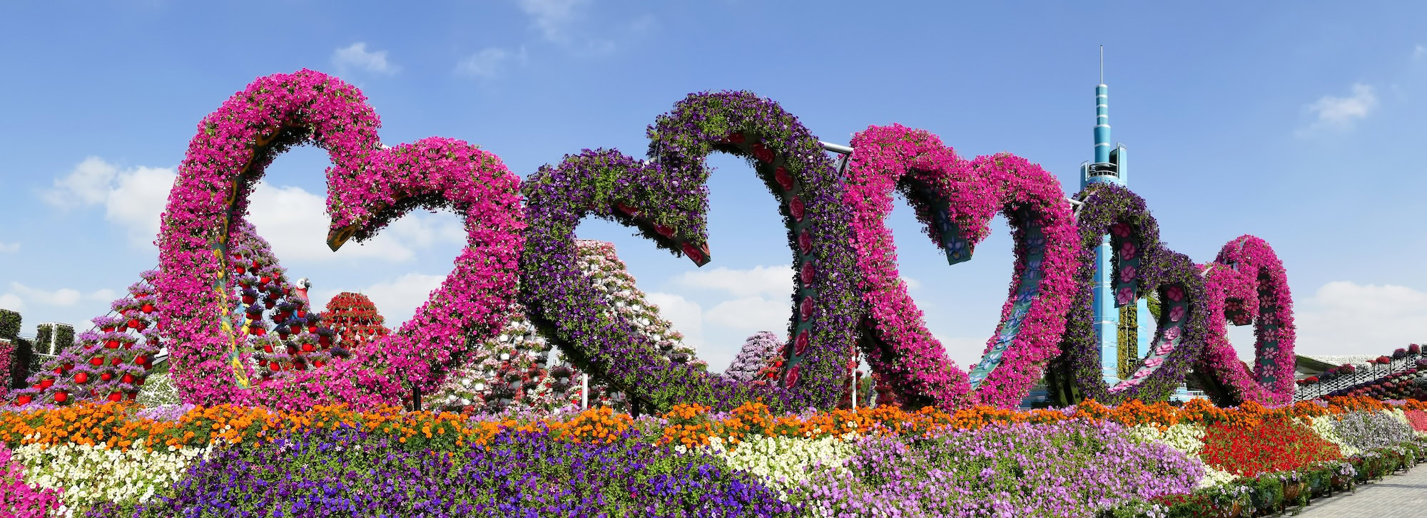 Heart-shaped floral arches and colorful flower displays at Dubai Miracle Garden