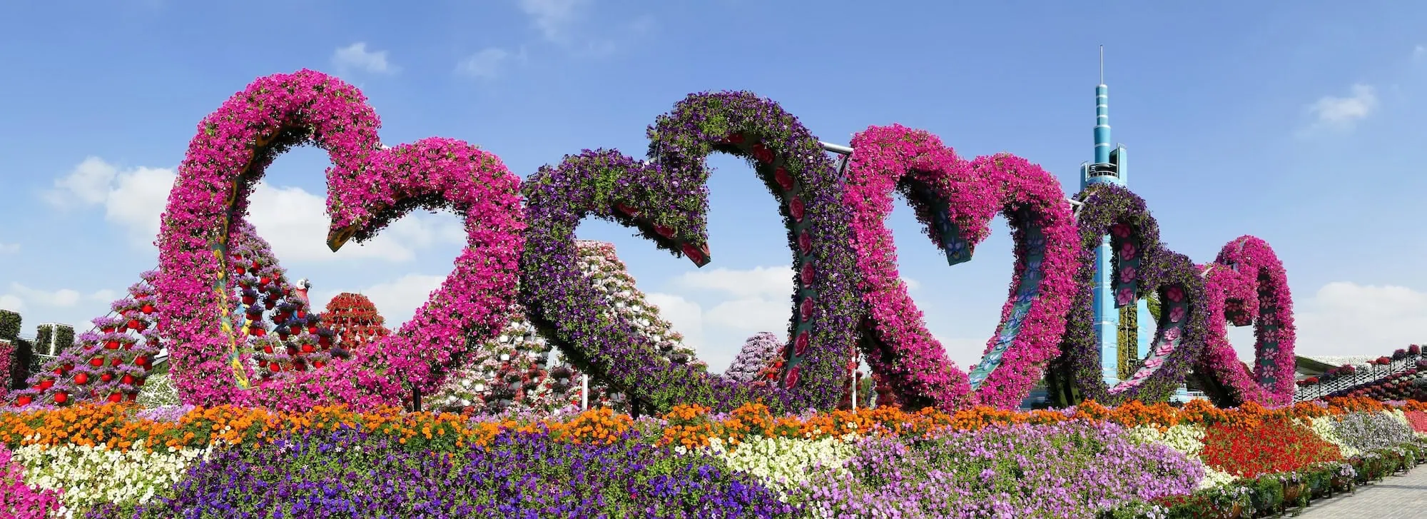 Colorful heart-shaped flower arches at Dubai Miracle Garden with vibrant blooms