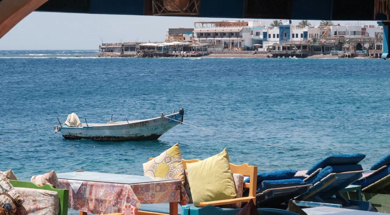 View of Dahab town and the Red Sea from a seaside restaurant