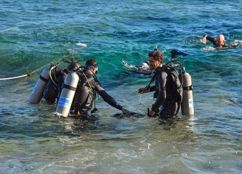Dahab South Sinai Egypt 11.21.2019 Divers before diving into the famous Blue Hole in the Red Sea