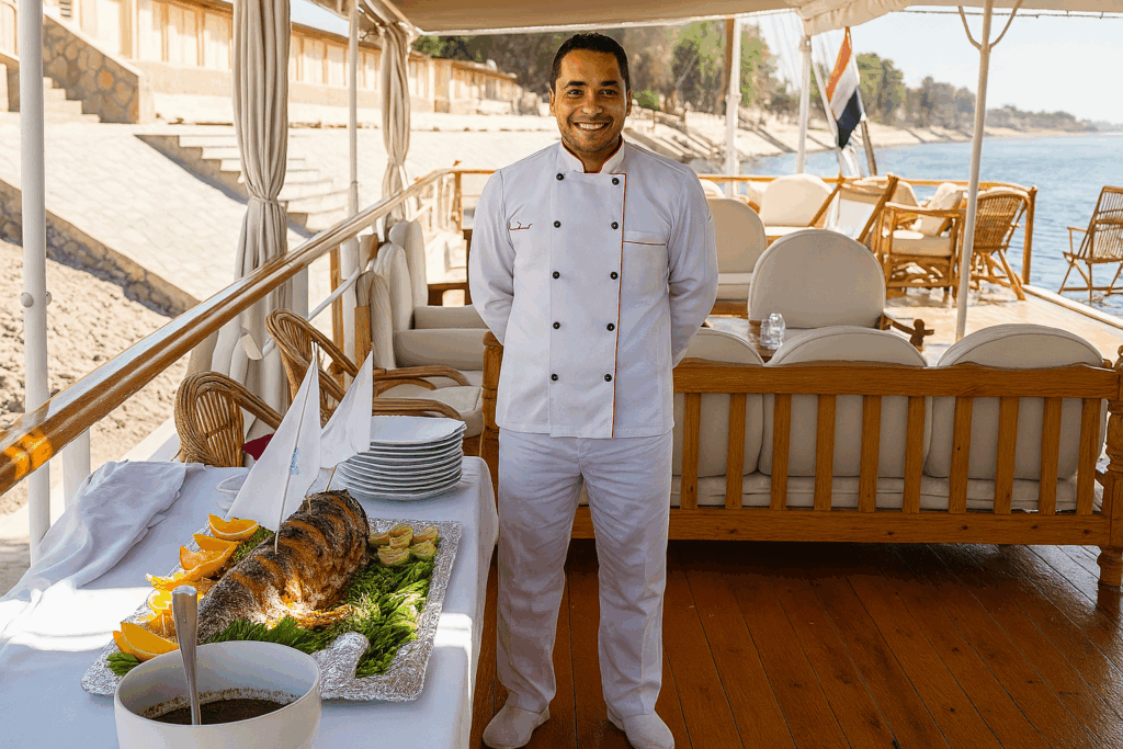 Elegant outdoor dining aboard Donia Dahabiya