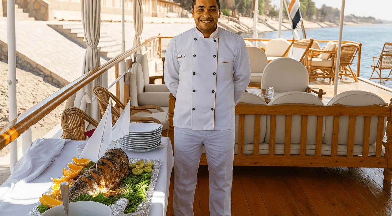 Outdoor dining setup on Donia Dahabiya overlooking the Nile