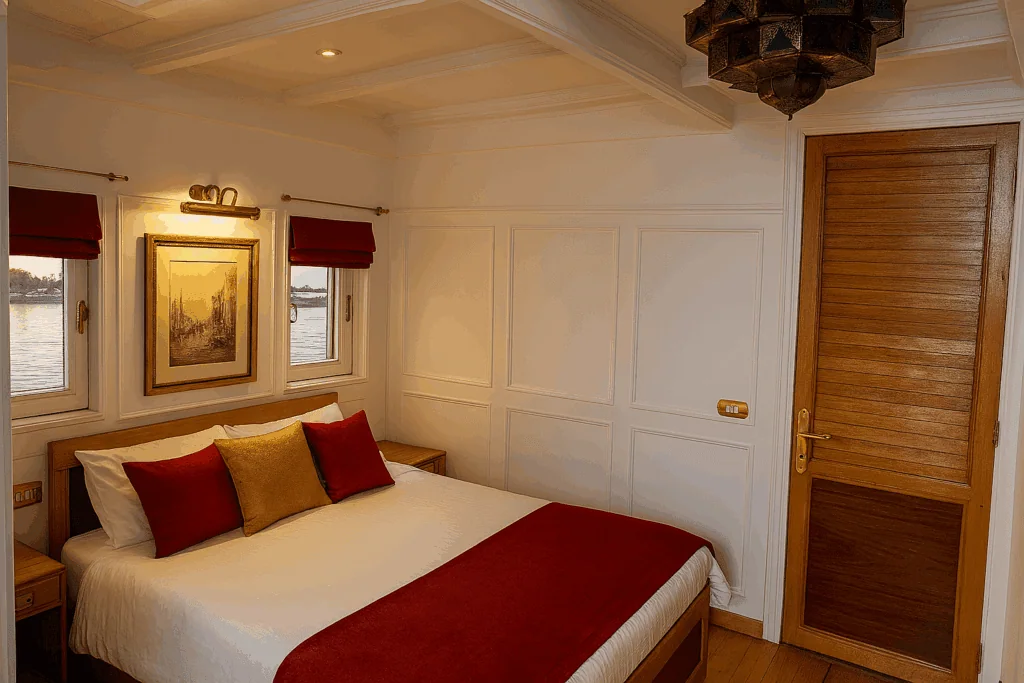 Guest cabin with large windows and modern furnishings on Oberoi Zahra Nile Cruise ship, Luxor
